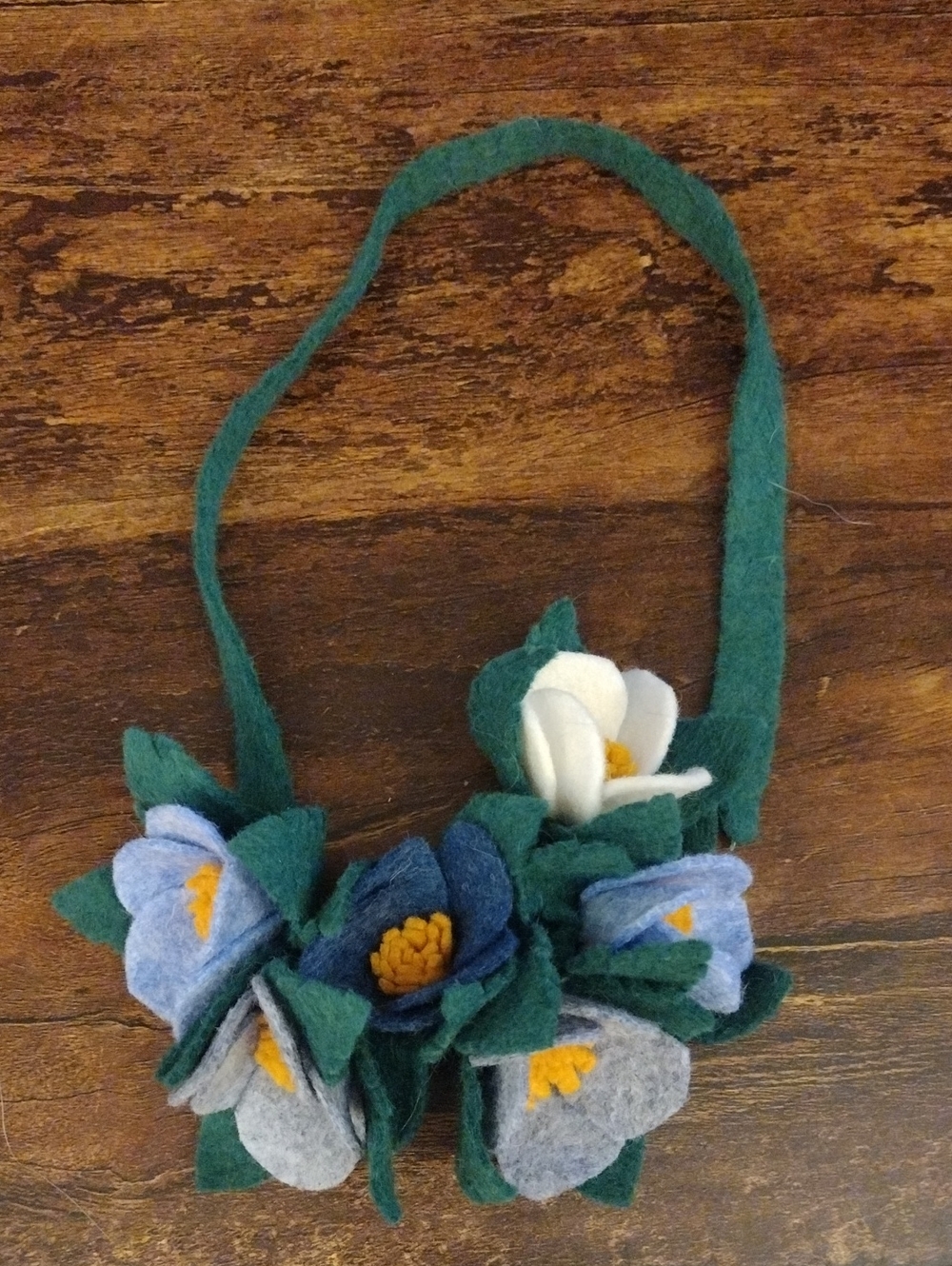 Handmade Green Felt Flower Necklace with Blue and White Accents